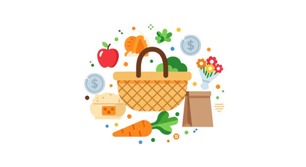 Fototapeta premium Flat Vector Illustration of a Wicker Basket with Fresh Groceries, Apple, Carrot, Bread, and Flowers - Concept for Healthy Eating and Food Delivery