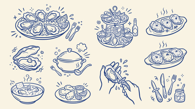 Oysters Seafood Dishes and Shucking Knife Doodle Set Hand Drawn Blue Line Art Vector Illustration
