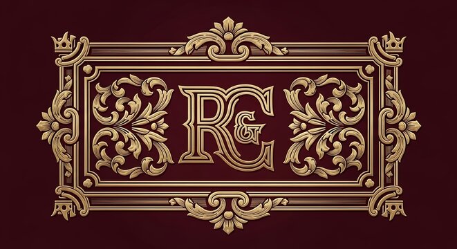 Royal crest with ornate gold design on red background.