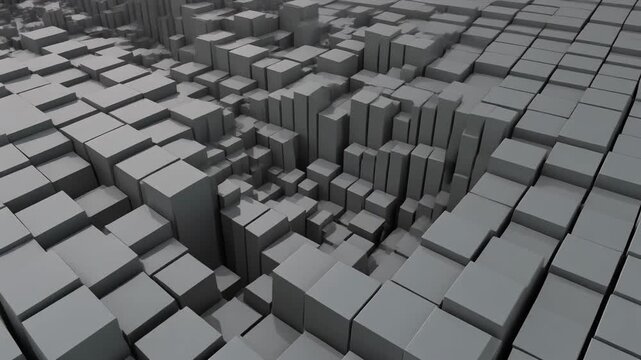 Abstract 3D rendering of grey geometric cubes forming an undulating structure with varying heights, digital architecture concept.