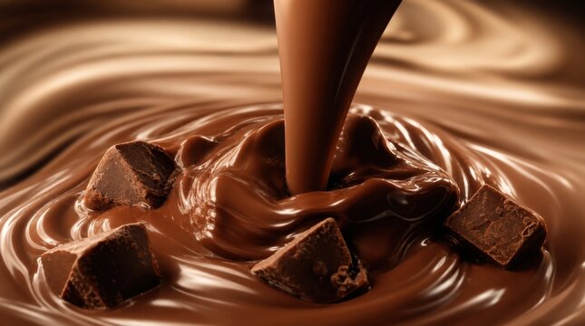 Rich, melted chocolate pouring over dark chocolate chunks creating a smooth, creamy swirl.
