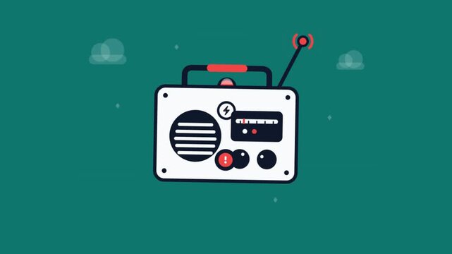 A flat design illustration of a vintage white radio with an antenna on a teal background with simple cloud shapes.