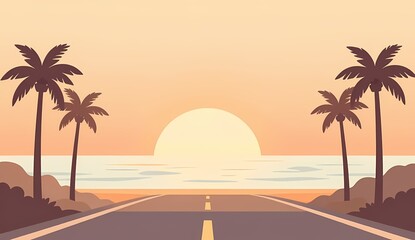 Obraz premium Minimalist flat vector summer beach landscape illustration with coastal road and sunset sky 