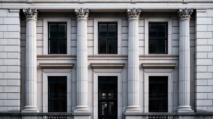 Obraz premium Classic Building Facade with Elegant Columns and Large Windows in Urban Setting