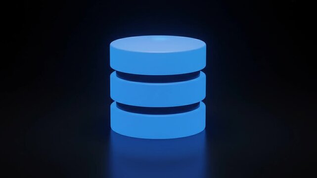 Glowing blue database icon on black background, 3D digital server storage symbol, neon data center concept for cloud computing and information technology