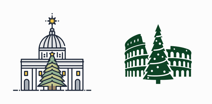 Christmas-themed Vatican and Colosseum landmarks with festive trees