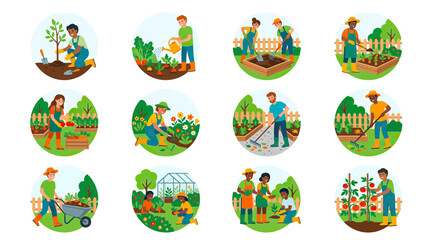 Naklejka premium Diverse Gardeners Cultivating Plants in Circular Scenes