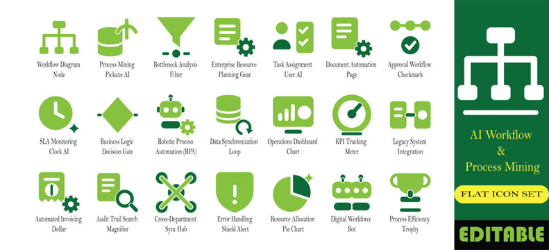AI workflow and process mining icon set. Approval flow, bottleneck analysis, KPI tracking and audit trail solid glyph vector symbols