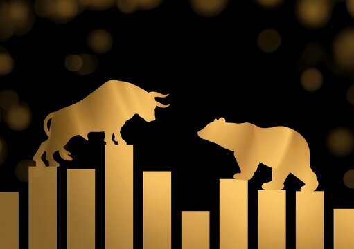Bull and bear symbols on a stock market graph against a dark background with golden colors