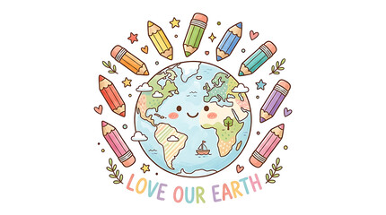 Obraz premium Cute cartoon Earth character surrounded by colorful pencils, stars, and hearts, with the text 'LOVE OUR EARTH' below, illustrating environmental care and creativity.