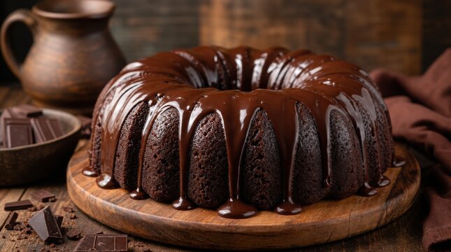 A rich chocolate bundt cake topped with glossy melted chocolate, served on a wooden board with chocolate pieces and rustic kitchenware in the background.