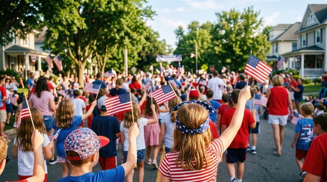 Labor day parade with american flags and celebrating crowds in a residential neighborhood