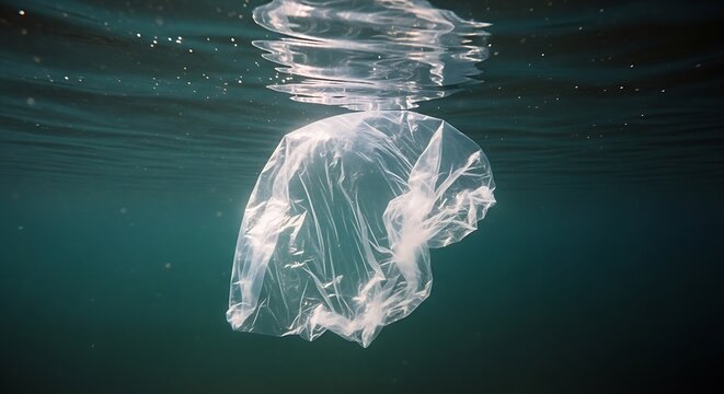 Single plastic bag floating and polluting the dark deep blue ocean water