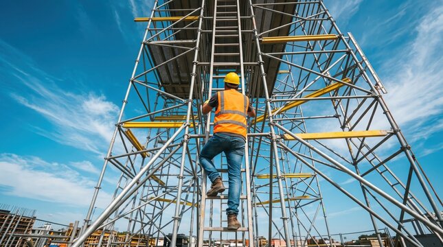 Construction worker climbing scaffolding on labor day blue sky background