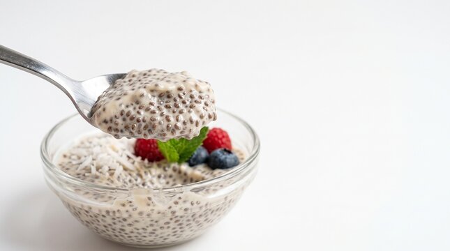 Chia Spoonful Bowl - High quality food photography of a Bowl of chia pudding with a
spoonful being lifted out