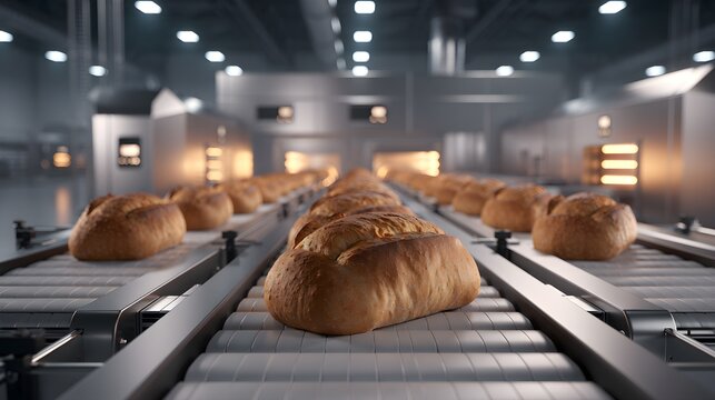 Industrial bakery production line with fresh bread loaves. Automated food factory conveyor belt. Commercial bread manufacturing facility.