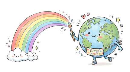 Obraz premium A cute cartoon Earth character is happily painting a vibrant rainbow with a paintbrush, accompanied by smiling clouds.
