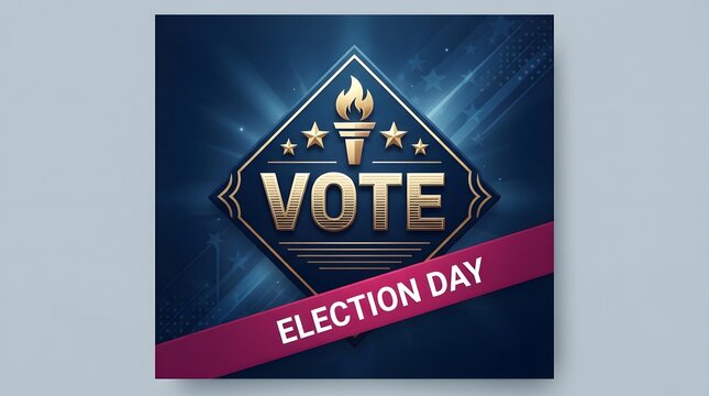 Election day graphic design with a golden torch emblem and stars on a dark blue background