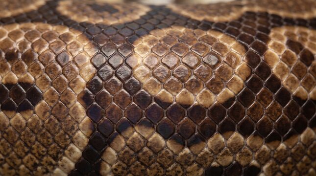 Ball python snake skin texture. Close up macro of reptile scales and natural pattern.