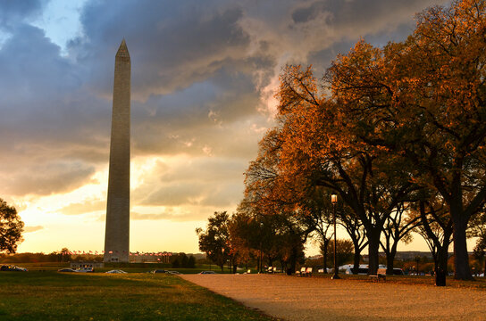 Washington Monument as seen from Tidal Basin in autumn - Washington DC United States of America