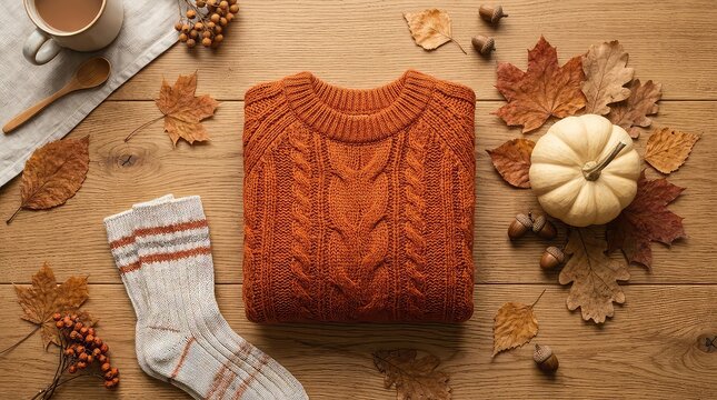 Orange knitted sweater with autumn leaves. Cozy fall flat lay with pumpkin and warm socks.