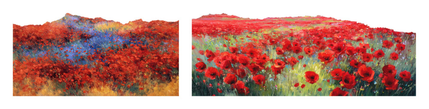 PNG Vibrant fields of red poppies in colorful landscapes, transparent background