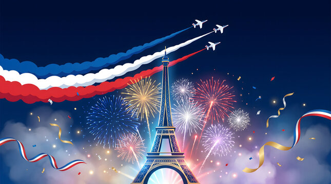 French National Day celebration concept, Eiffel Tower silhouette with patrouille de France jets leaving tricolor smoke, fireworks and ribbons holiday background