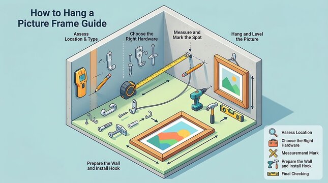 Guide to hanging a picture frame with tools and hardware