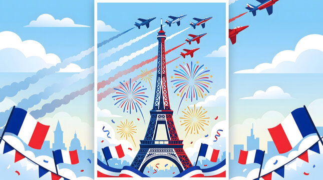 French National Day Celebration, Eiffel Tower and Flypast, Paris Skyline Illustration with Fireworks and Confetti, Bastille Day Vector Banner Design