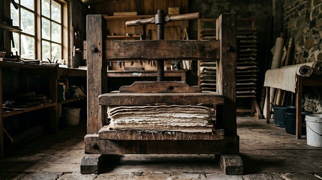 Vintage wooden bookbinding press in a traditional workshop