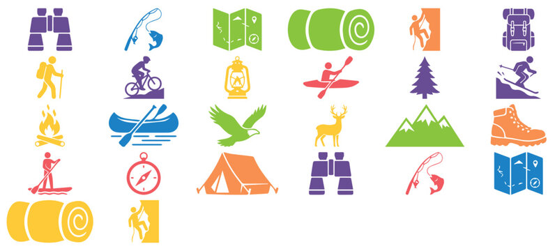 Outdoor adventure icons set, colorful camping and hiking vector symbols, wilderness recreation graphics for travel maps and tourism branding