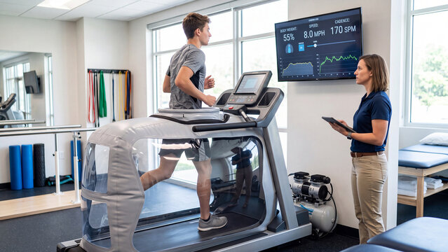Young man running on specialized treadmill with therapist monitoring progress in a modern clinic.