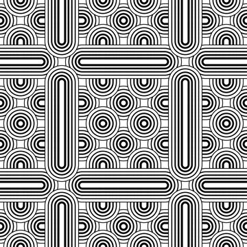 Black and white seamless geometric pattern with concentric circles and rounded stripe shapes for modern backgrounds and surface design. Vector illustration.