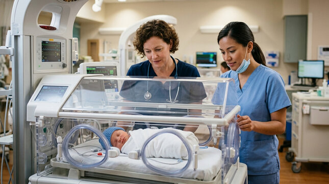 Nurses Caring for Newborn in Incubator in Neonatal ICU