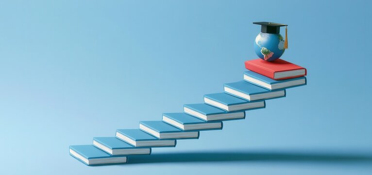 Steps of learning lead to knowledge with a globe and graduation cap on books