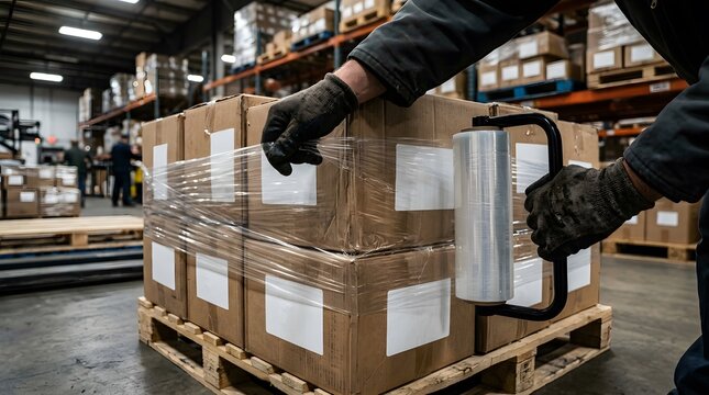 Worker stretch wrapping cardboard boxes on pallet. Warehouse employee securing shipping cargo.