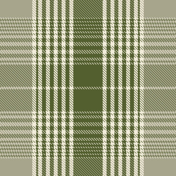 Olive green tartan plaid seamless background with cream stripes for textile, wallpaper and decorative surface design. Vector illustration.