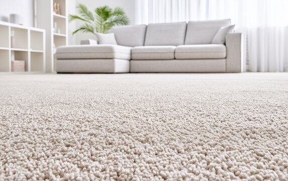 Living room interior with stylish furniture, focus on soft carpet