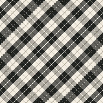 Black and beige diagonal tartan plaid seamless background for textile, fabric, wallpaper and surface design. Vector illustration.