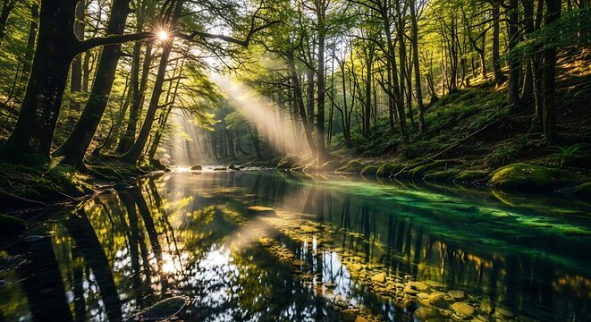 Sunbeams shining through trees over a tranquil forest river in spring