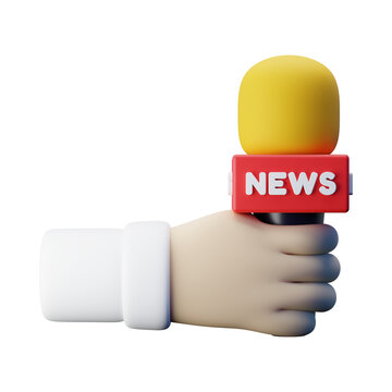 A cartoon hand holding a microphone with a red news block for reporting news during an interview isolated on transparent background