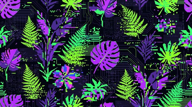 Futuristic Cyberpunk glitch seamless pattern with neon green and purple tropical leaves, monstera, fern, and digital circuit background