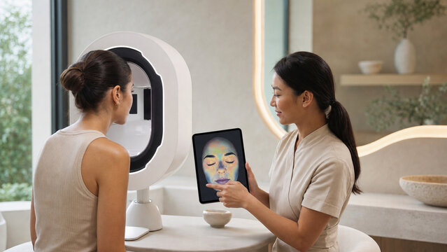 Specialist performs digital skin analysis for young woman