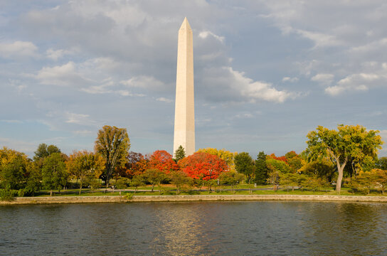 Washington Monument as seen from Tidal Basin in autumn - Washington DC United States of America