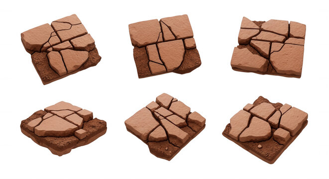 six square shaped terracotta colored cracked stone bases arranged on a white backdrop miniature model terrain