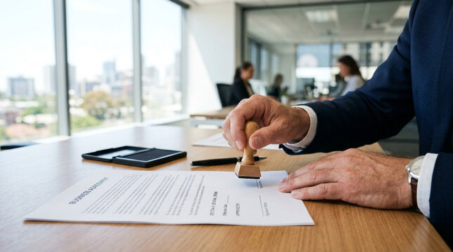 Businessman stamping document in modern office with panoramic window view.