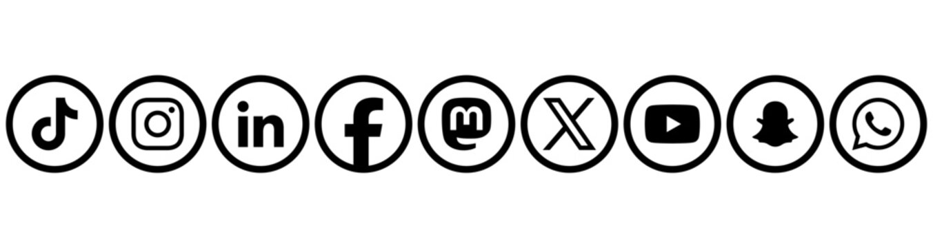 social media icon set or social network logos , whatsapp, mastodon, snapchat, tiktok, youtube, instagram, linkedin, facebook, x, social media, networking apps. vector icons. sign up social media apps