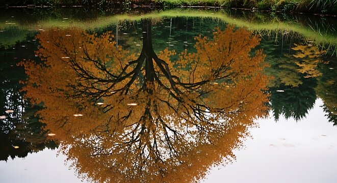 Vibrant golden autumn tree reflected on the calm surface of a quiet lake
