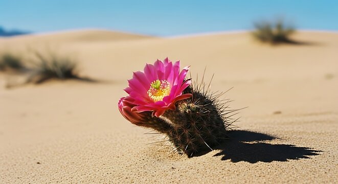 Vibrant pink blooming cactus flower growing in sandy desert dunes