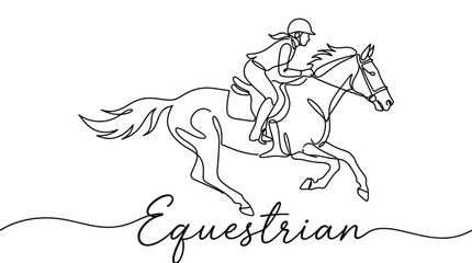Obraz premium Minimalist Line Drawing of an Equestrian Jockey Riding a Horse in Motion Showcasing Dynamic Energy and Artistic Simplicity
